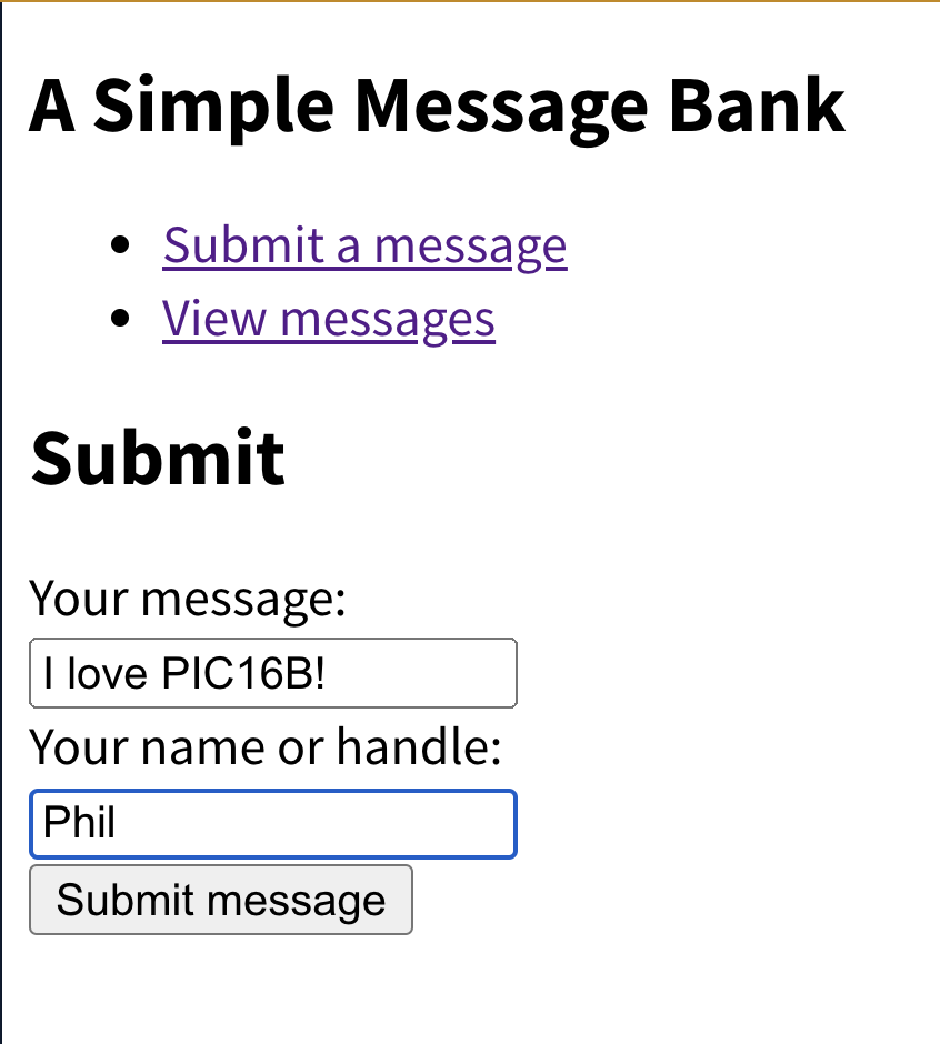 A screencap of the message submission interface, including a text entry box for the message, another text entry box for the name of the submitter, and a submit button