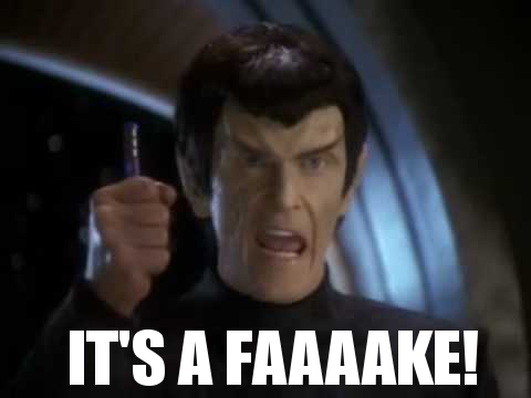 An alien man brandishing a data stick and screaming It's a FAAAAKE!