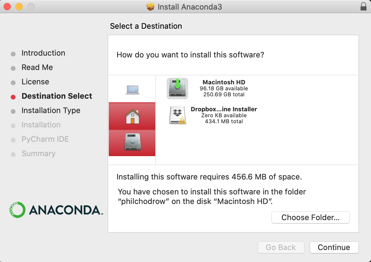 A screencap of the Anaconda graphical installer. The prompt states 'You have chosen to install this software in the folder philchodrow on the disk Macintosh HD'