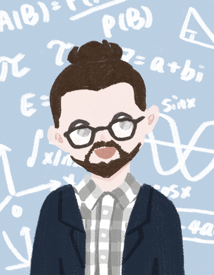 Cartoon picture of Phil Chodrow with a background containing mathematical symbols.